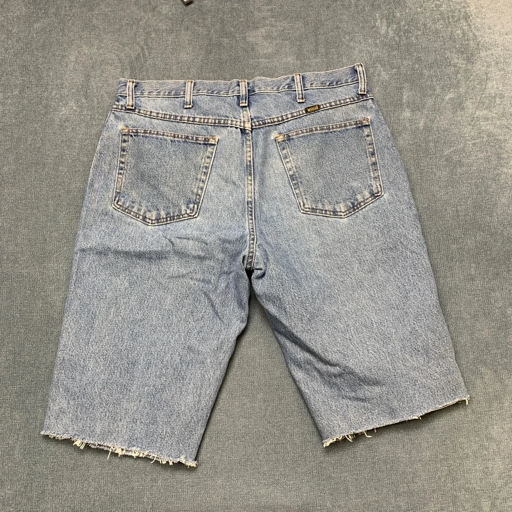 Rustler Bermuda Shorts Mens 34x34 Blue Denim Light Wash Frayed Hem 5 Pockets